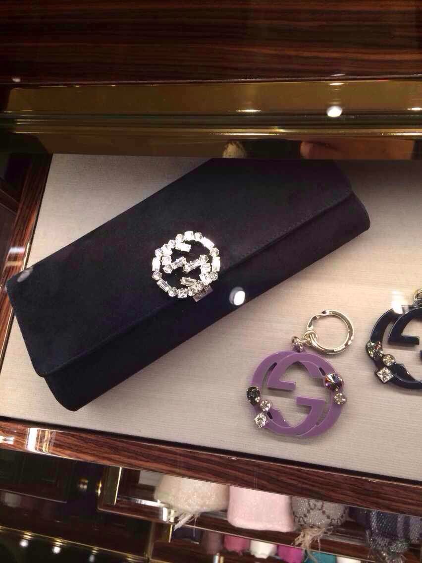 Gucci Brodaway Suede Crystal Closure Clutch 355633 Black